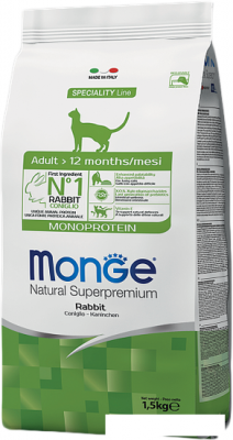 Сухой корм для кошек Monge Monoprotein Adult Rabbit 10 кг
