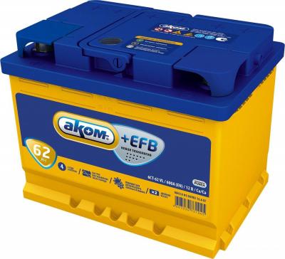 Автомобильный аккумулятор AKOM +EFB 62e (62 А·ч) Автомобильный аккумулятор AKOM +EFB 62e (62 А·ч)